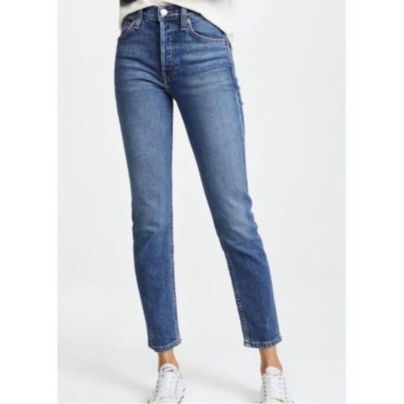 Re/Done Originals High Rise Comfort Stretch Ankle Crop Jeans Medium Blue Waah 27 - Picture 1 of 14